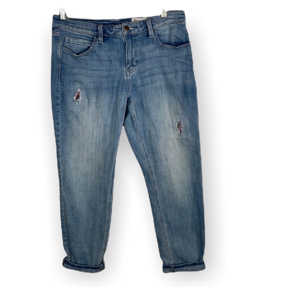 Cosmic Blue Love Cropped with plaid patches Jeans size 31
